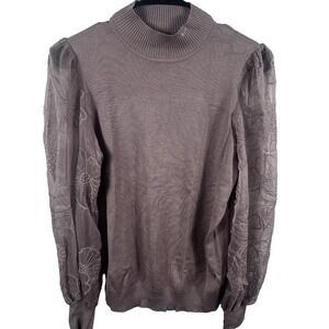 Absolutely Famous Mauve Mock Neck Knit Top With Embroidered Sheer Lace Sleeves